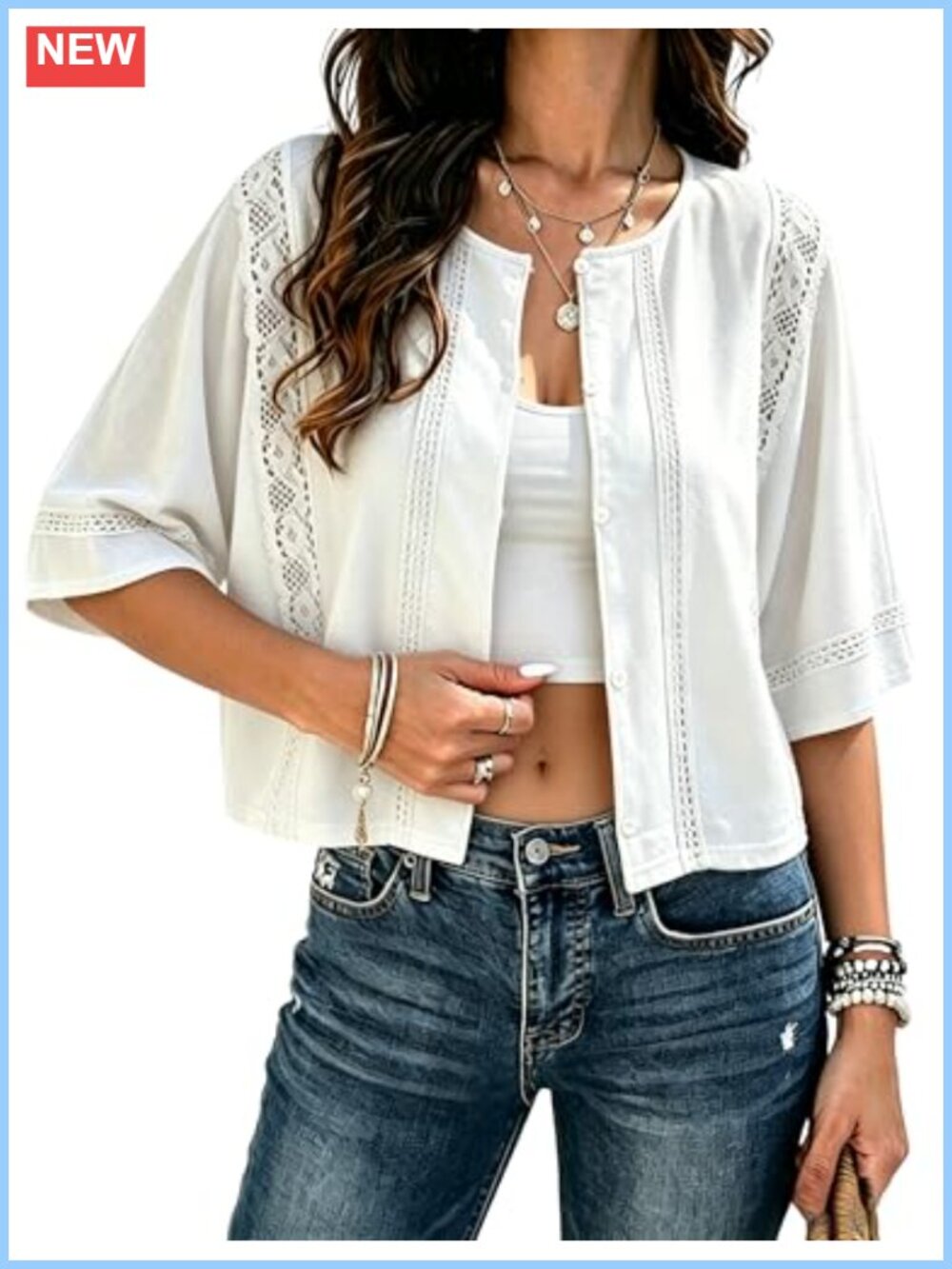 Womens Lace Crochet Button-Down Cardigan Short Sleeve Cotton Top